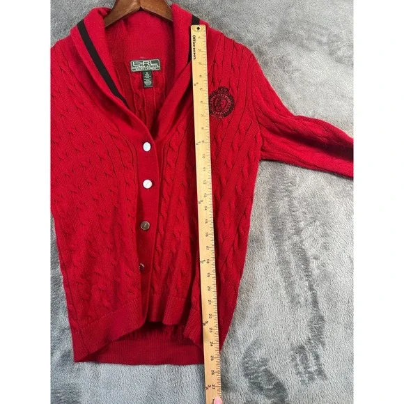 Lauren Ralph Lauren Active Cardigan Sweater Womens Medium Red Crest Cable Knit - Picture 11 of 11